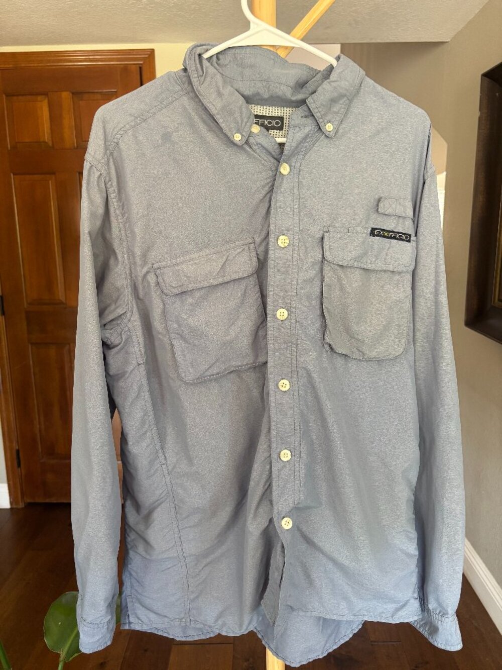 ExOfficio Men's L Slate Blue Long Sleeve Fishing Travel Shirt Vented Back Nylon